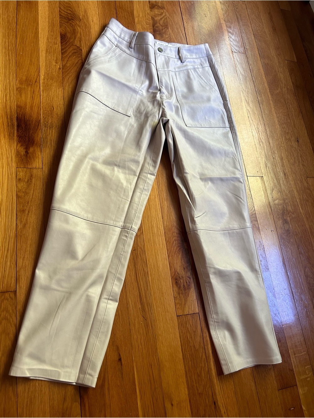 Cream Leather Straight-Leg Pants